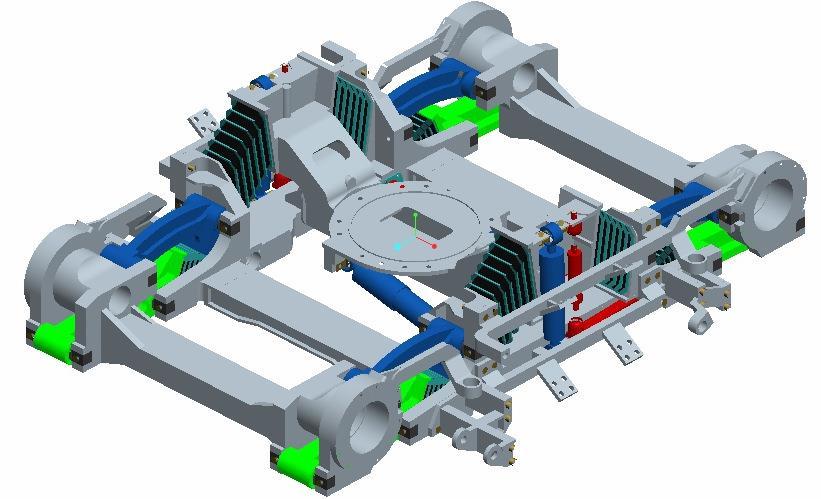 Na obr. 6 je zobrazen model podvozku Alstom ixege, jehož sekundární vypružení tvoří čtyři šikmé pryžokovové bloky (1), vždy po dvou na každé straně. Toto řešení využívá tzv. nízkou kolébku ().