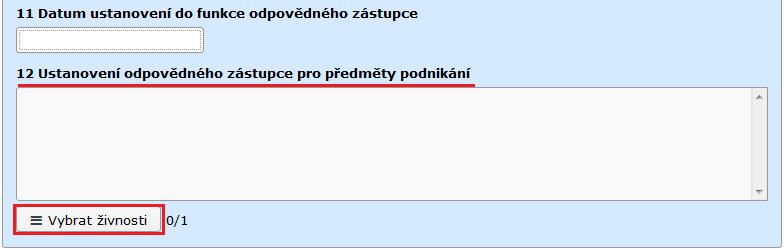 Stisk tlačítka [Vybrat živnosti] zobrazí seznam živností zpracovávaného podání.