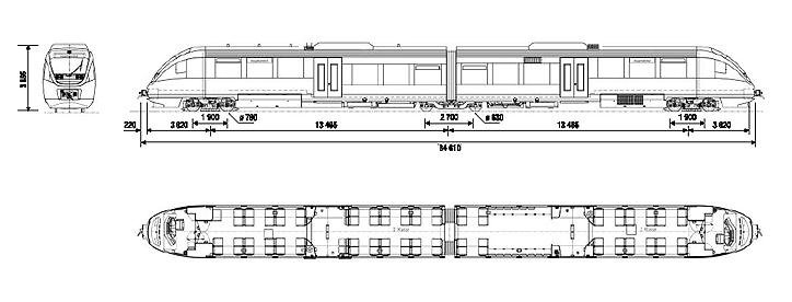 590mm, je přechod mezi vozy vyřešen pomocí šikmé rampy. I v tomto případě je však plně bezbariérový. Obr. 4. Typový náčrt jednotky Bombardier Talent [3] 1.