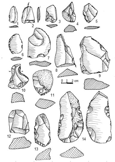 8 : 1 a obr. 9 : 11, 12 ). Celkově převládá odpad, nejčastěji ve formě amorfních mrazových kusů, dále se našly i přepálené silexy. Mezi nástroji převládají drasadla (obr. 8 : 4 až 6 a obr.