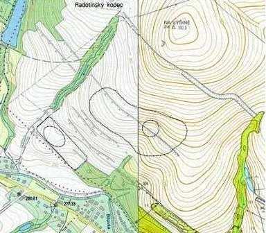 Mapka č. 4. Radotín u Bílovce dolní a horní lokalita, vnější ohraničení vymezuje celkovou plochu lokality, vnitřní ovál značí nejhustší koncentraci nálezů štípané industrie.