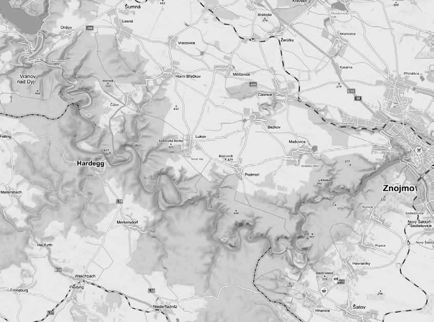 Seznam.cz, a.s., OpenStreetMap, NASA Zachycení posunu linie železné opony v Podyjí do vnitrozemí.