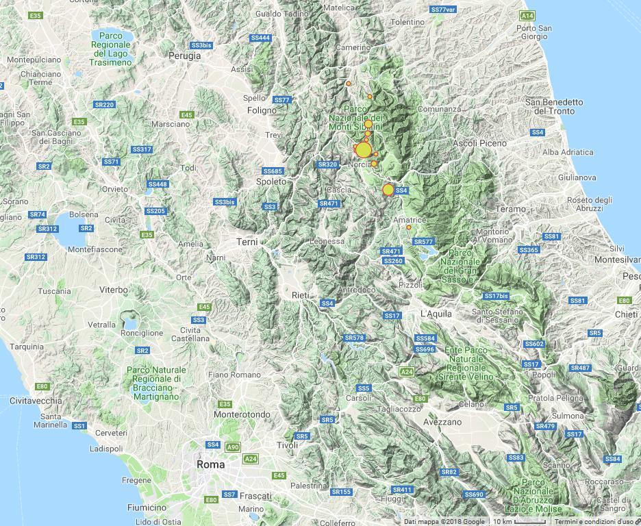 Obrázek 8. Mapa centrální Itálie. Velikost kruhu pak znázorňuje velikost zemětřesení. Pro použití v programu ISOLA (Sokos & Zahradnik, 2008) je nutné převést data z formátu.