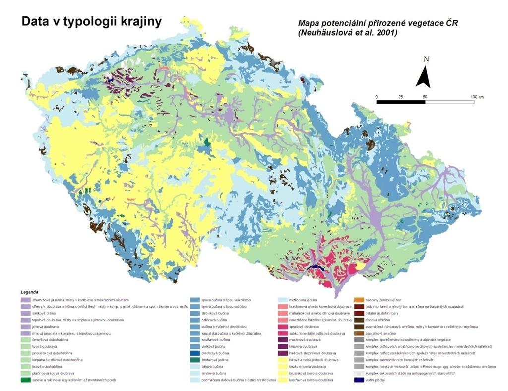 4. Metodický postup typologie krajiny Výběr a předzpracování vstupních dat Potenciální přirozená vegetace významný informační zdroj o kvalitě biotopu