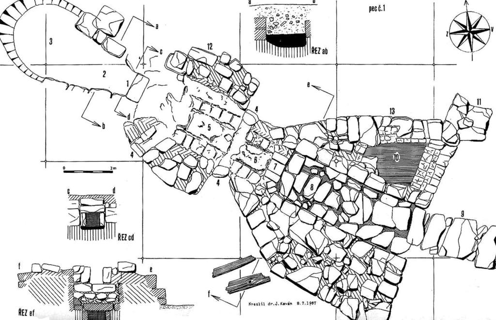 65 TYPOLOGIE RELIKTŮ SKLÁŘSKÝCH HUTÍ Obr. 16a: Sklářská tavicí a chladicí pec, 1758 1775, Karlova huť, Jizerské hory, kresba. Výzkum J.