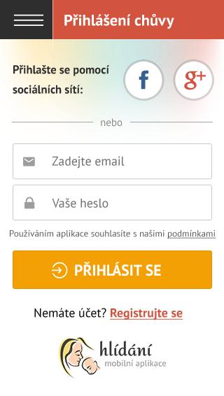 Přihlášení chůvy Tato možnost se naopak zobrazuje pouze nepřihlášeným uživatelům. Umožňuje registrovaným nabízejícím přihlášení pomocí klasického zadání přihlašovacího jména (emailu) a hesla.