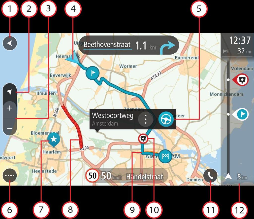 Pokud máte naplánovanou trasu, zobrazuje se na mapě kompletní trasa. Na trasu můžete přímo z mapy přidat zastávky. Když vyjedete, zobrazí se navigační zobrazení. 1.