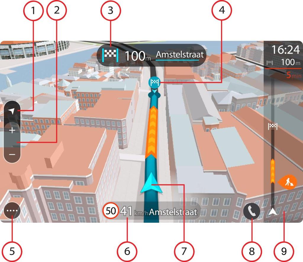 Navigační zobrazení je obvykle ve 3D. Chcete-li zobrazit mapu ve 2D, která se pohybuje vaším směrem jízdy, změňte výchozí nastavení 2D a 3D.