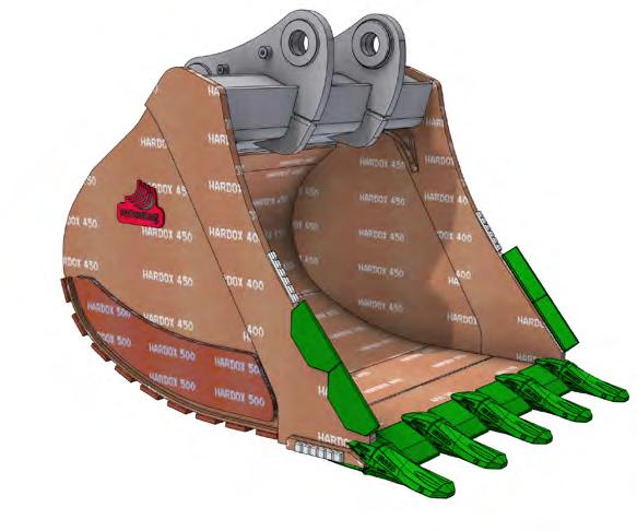 Lžíce pro velké stroje nad 50 tun LŽÍCE V PROVEDENÍ HD Zesílená lžíce HD optimalizovaná pro stroje hmotnostní kategorie nad 50 tun se nejlépe hodí pro zemní práce a nakládku materiálu třídy