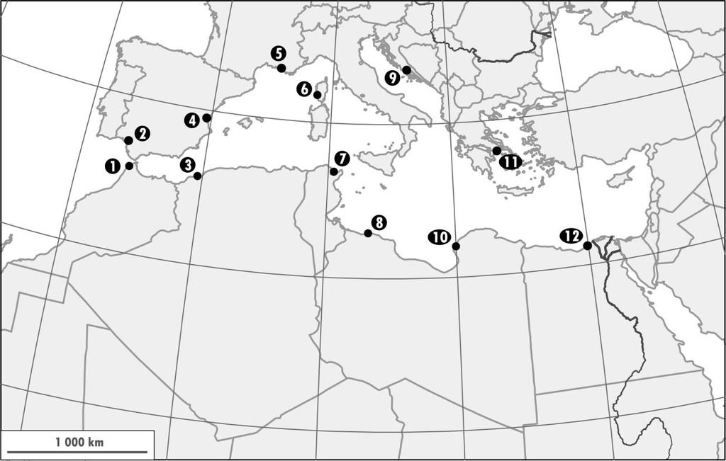 6 10 bodů Orientace na mapě Středomoří a) Na slepé mapě Středomoří jsou číslicemi 1 12 označeny významné přístavy.