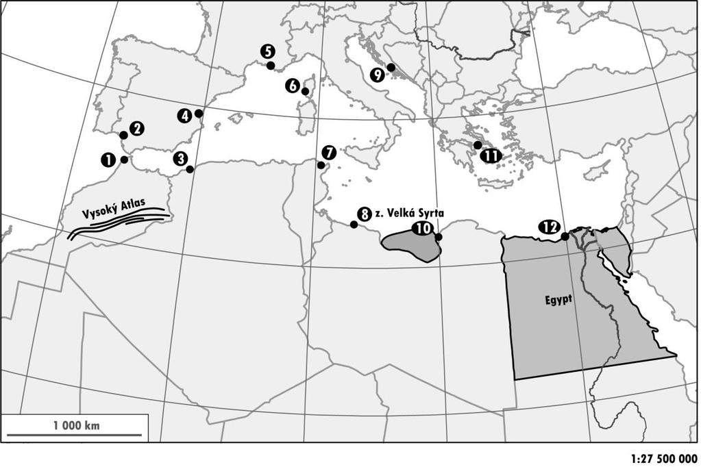 6 10 bodů Orientace na mapě Středomoří a) Na slepé mapě Středomoří jsou číslicemi 1 12 označeny významné přístavy. Rozhodněte, který z nich označuje přístav: Za každý správně označený přístav 1 bod.