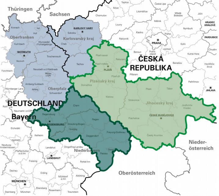 Mapa oblasti podpory EUREGIO BAVORSKÝ LES - ŠUMAVA - DOLNÍ INN (vyznačena zeleně) Dotační kritéria fondu malých projektů (dispoziční fond) v česko-bavorském pohraničí: Malé projekty s náklady do 25.