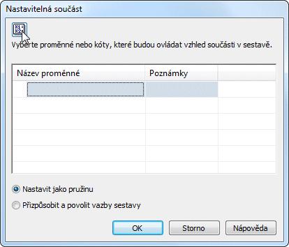 Lekce 4 Cvičení: Tvorba nastavitelné součásti Definujte nastavitelnou proměnnou Proměnná určující délku osy pružiny bude definována jako nastavitelná proměnná. Klikněte na kartu Nástroje.
