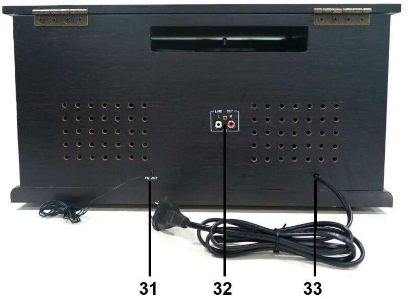 Pohled zezadu 31 FM anténa 32 Výstup RCA (levý & pravý) 33 Napájecí kabel (~1,5 m) První spuštění Pečlivě si přečtěte návod k obsluze.