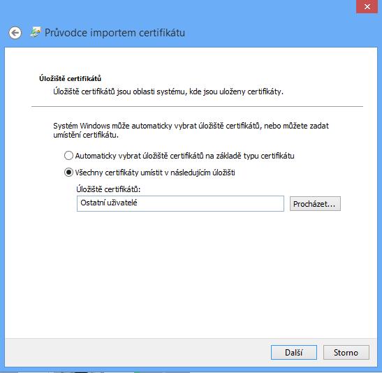 2.3. Ponechte možnost, kterou jste zvolili výše a pokračujte dále. Máte možnost zde změnit složku, kam chcete certifikát uložit.