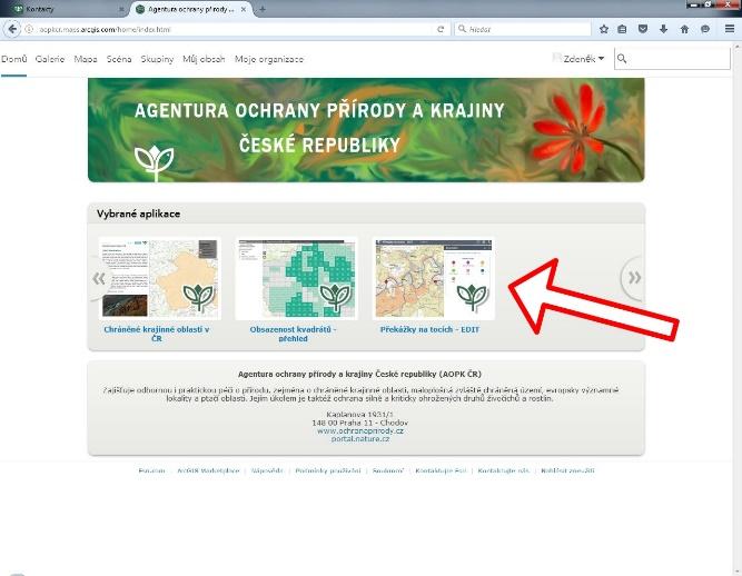 Práce s aplikacemi v interním prostředí Aplikace Collector for ArcGis a Survey123 lze používat i na počítačích. V případě Collectoru se jedná o internetový portál - http://aopkcr.maps.arcgis.