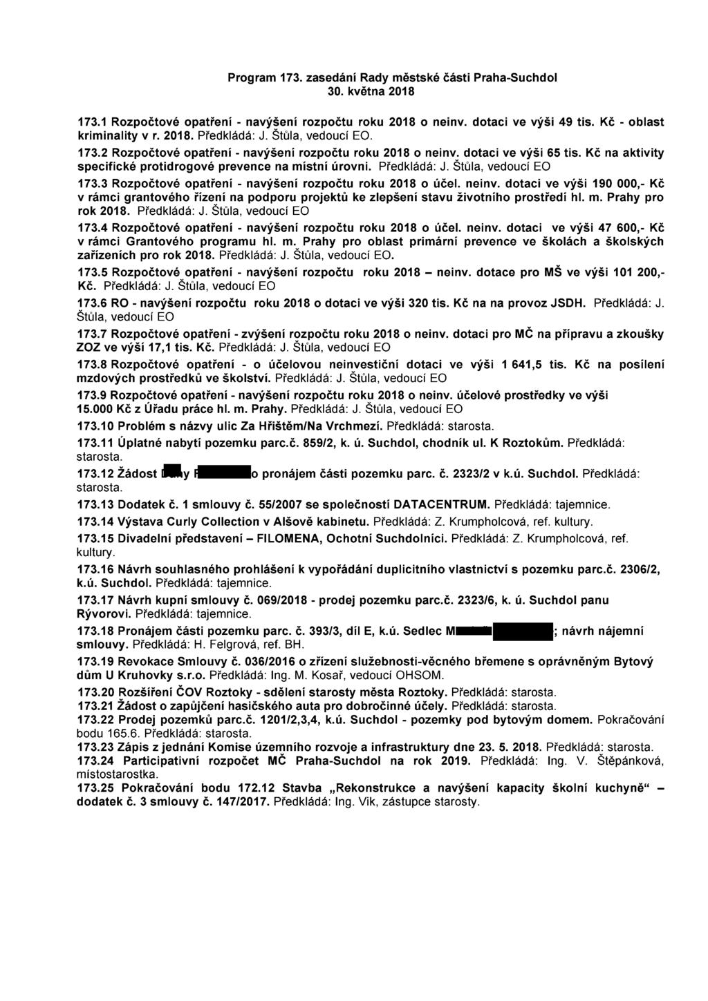 Program 173. zasedání Rady městské části Praha-Suchdol 30. května 2018 173.1 Rozpočtové opatření - navýšení rozpočtu roku 2018 o neinv. dotaci ve výši 49 tis. Kč - oblast kriminality v r. 2018. Předkládá: J.