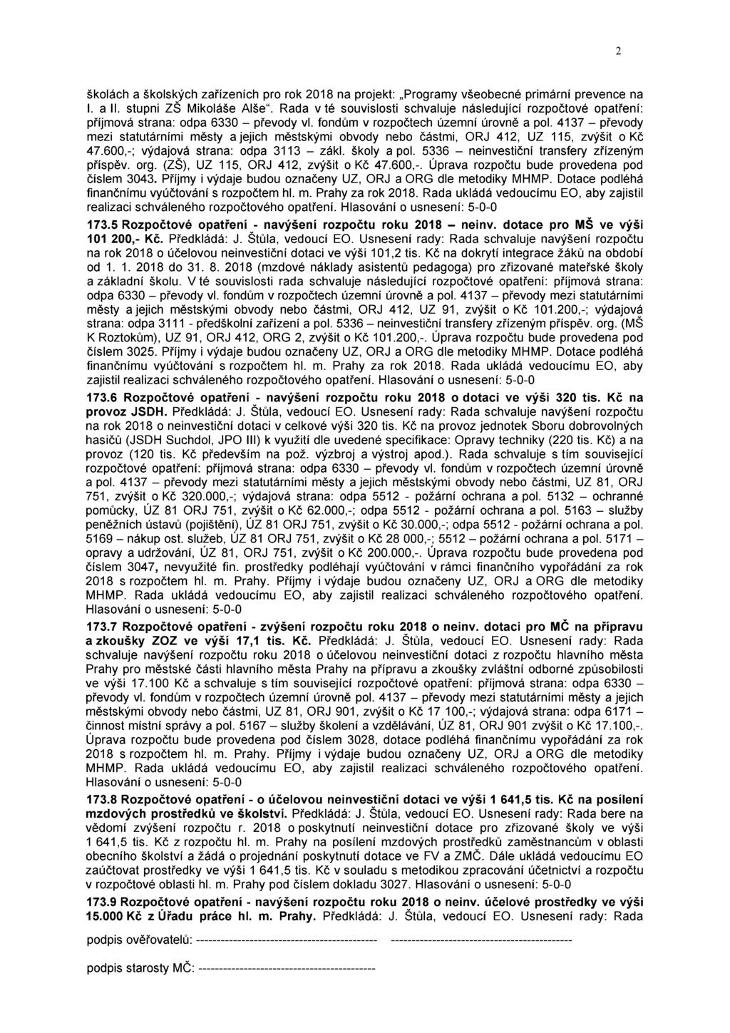 školách a školských zařízeních pro rok 2018 na projekt: Programy všeobecné primární prevence na I. all. stupni ZŠ Mikoláše Alše.