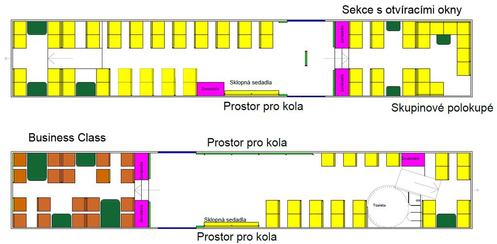Obrázek 204: Regionální jednotka o dvou vozech. Ve vozidle se nachází velká Business třída pro umožnění práce pravidelně dojíždějícím. Základní třída vlaku je rozdělena na dvě sekce.
