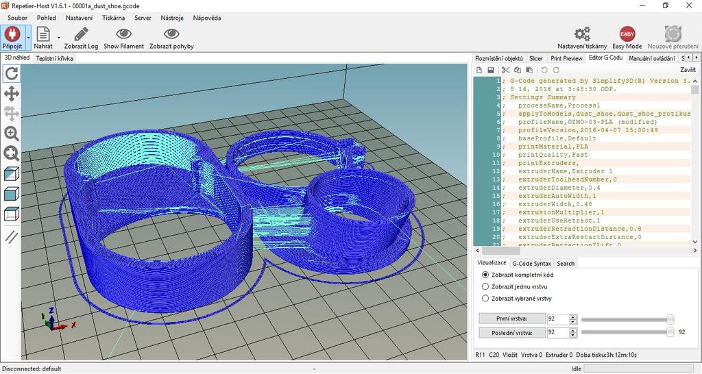 5 VÝROBA SOUČÁSTÍ 3D model byl převeden do formátu STL a následně naimportovanán do programu Simplyfy3D. V tomto programu se nastaví všechny parametry tisku.