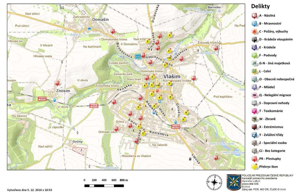 Obrázek 1: Mapa majetkové kriminality na území města Vlašim v