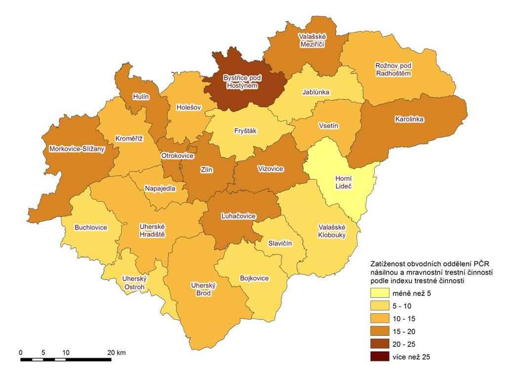 Zatíženost obvodních oddělení PČR ve Zlínském kraji v roce 2012 (dle indexu krádeží vloupáním)