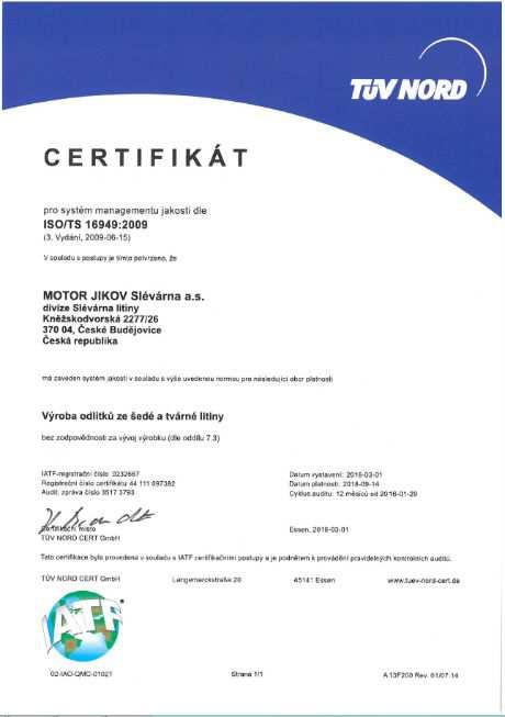 DIVIZE SLÉVÁRNA LITINY Certifikace