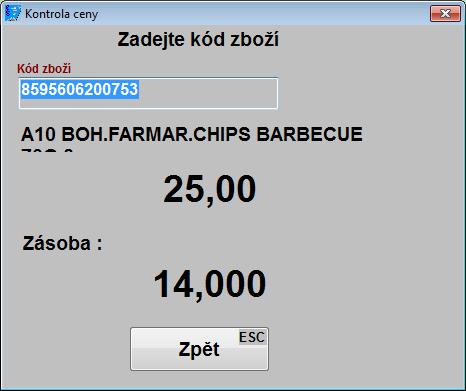 Po stisknutí klávesy Enter se přenese do okna Prodej EAN kód z položky, která byla zvýrazněna, a můžete pokračovat v nákupu. V případě, že jste odpovídající položku nenašli, stiskněte klávesu ESC.