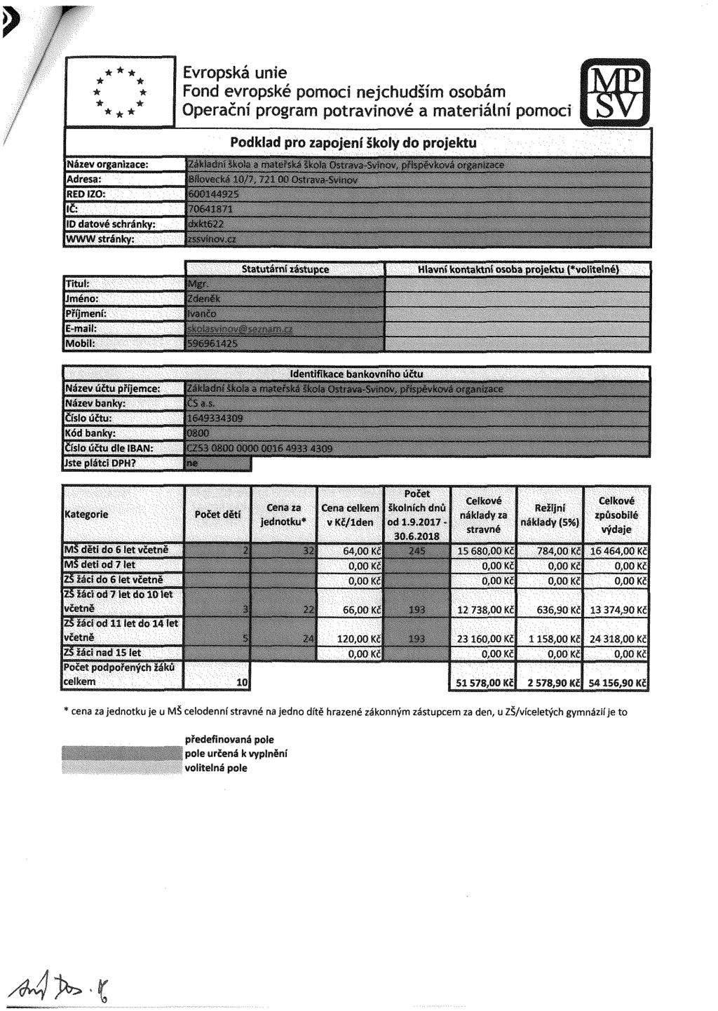 Titul: Jméno: Příjmení: E-maií: Mobil: Statutární zástupce Hlavn kontaktn; osoba projektu ("volitelné} Identifikace bankovního účtu Název účtu příjemce: Název banky: Č sio účtu: Kód banky: Č slo účtu