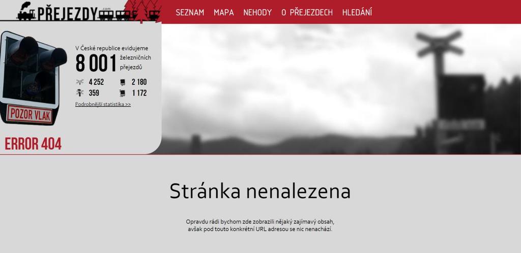 Celkový pohled na grafický návrh webové stránky K jednotlivým přejezdům by postupně byly doplňovány fotografie a videa dokumentující stav zabezpečovací technologie nebo také rozhledových podmínek.