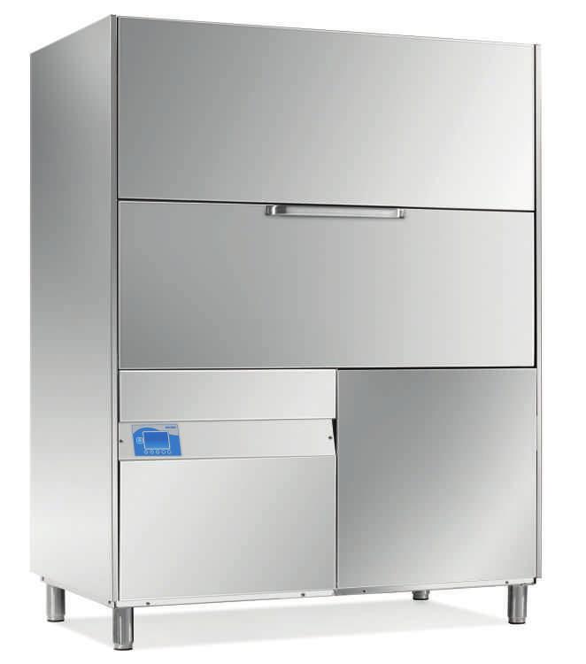 KP 402E PUS Univerzální myčka kuchyňského (černého) nádobí s čelním plněním. Zásuvná výška 820, velikost koše 350x725.
