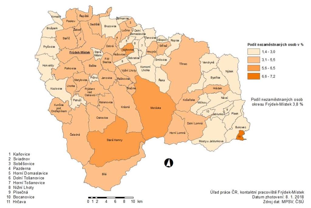 Obr. 4: Podíl nezaměstnaných osob Moravskoslezského kraje k 31.20.2017 (zdroj: https://portal.mpsv.cz/upcr/kp/msk/kop/frydek-mistek/statistiky) Tabulka 4.