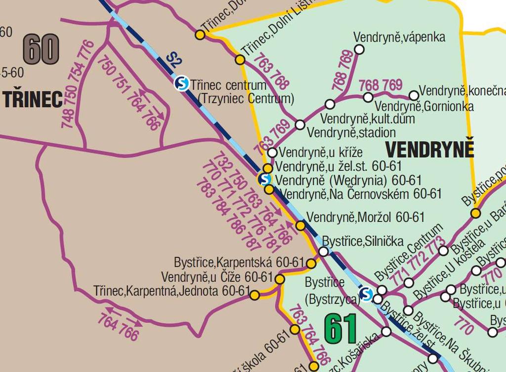 Obr. 10: Souběžné vedení 14 linek mezí Bystřicí a Třincem Obr. 11: Souběh 6 linek autobusových linek s železnicí 6.4. Rozsah provozních období Značná část linek je vázána na pevně stanovenou pracovní dobu v podniku Třinecké železárny s počátky a konci směn v 6, 14 a 22 hodin.