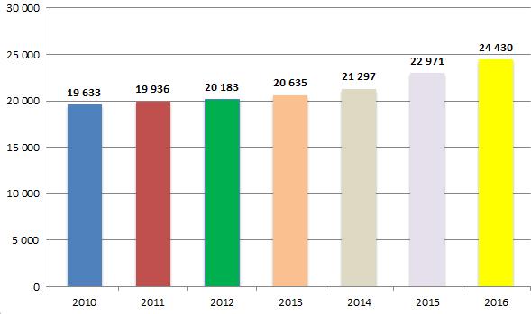 2014 90,75 19 628 21 297 2015 93,38 20 160 22 971 2016 96,87 20 705 24 430 3.3.3 Zaměstnanci zařízení stav zaměstnanců k 31. 12.