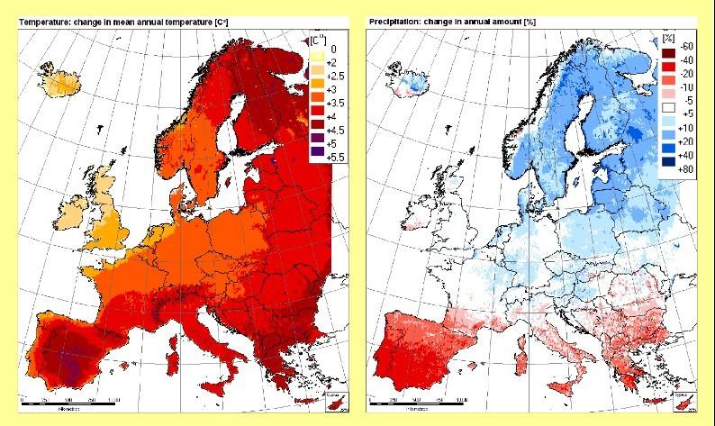 Změna teploty a srážek v Evropě ke konci 21.