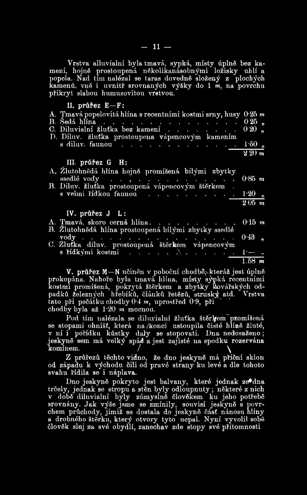 průřez J L : A. Tmavá, skoro černá hlína...0t5 m B. Žlutohnědá hlína prostoupená bílými zbytky ssedlé v o d y...0-43 C. Žluťka diluv. prostoupená štěrkem vápencovým s řídkými k o s t m i... \... 1- _ 1.