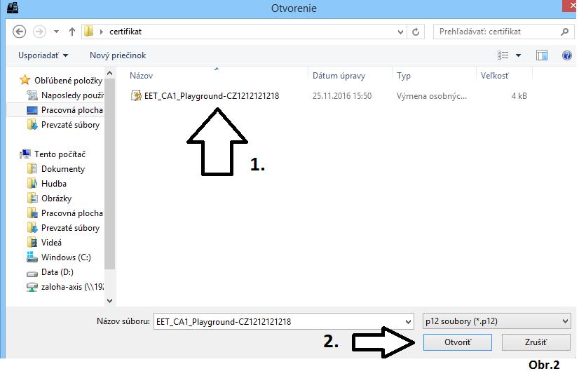 V tabulce vyberete soubor certifikátu s příponou ".