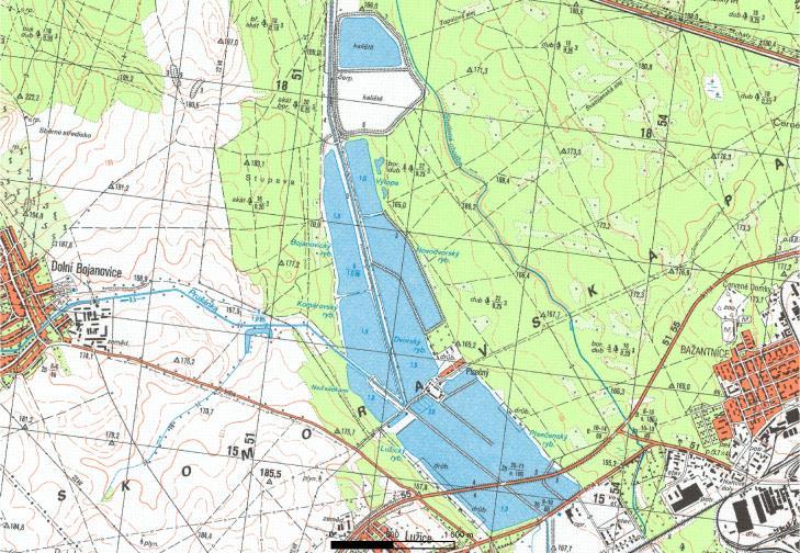 Soustava rybníků na řece Kyjovka na mapě československého vojenského mapování z roku 1991.