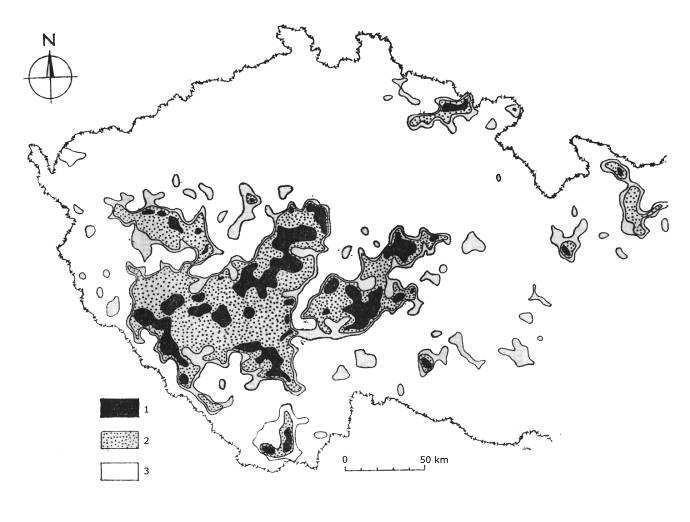 Primární výskyty. Četnost 1 výskyt na 1 2,5 km 2, 2 5 km 2, 3 25 km 2. Podle Morávek et al 1992. Sekundární výskyty.