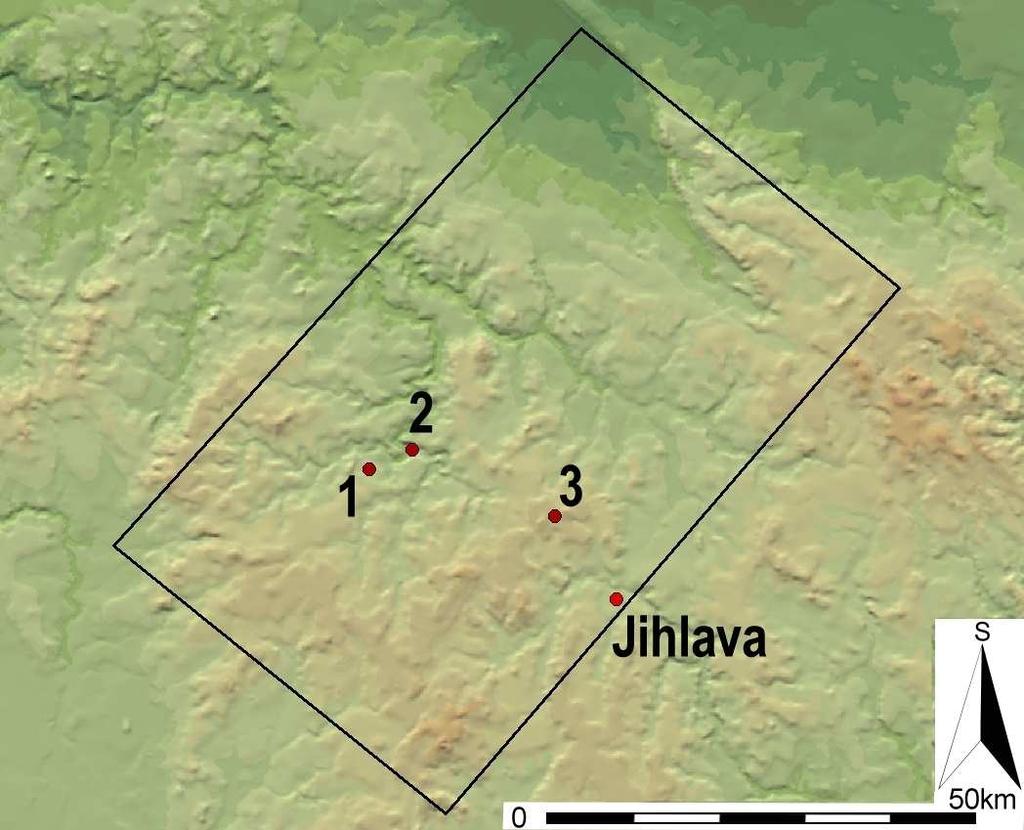 Předpokládané dvorce. 1. Červená Řečice (okolo 1144), 2. Želiv (před 1144?), 3.
