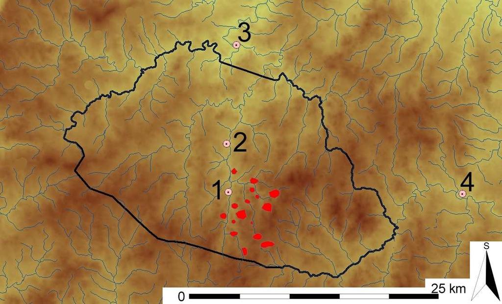 Lokality farního okrsku kostela sv. Vavřince v Rynárci k roku 1203, na základě listiny biskupa Daniela II. (červené polygony). 1. Rynárec, 2. Pelhřimov, 3. Želiv, 4. Jihlava.