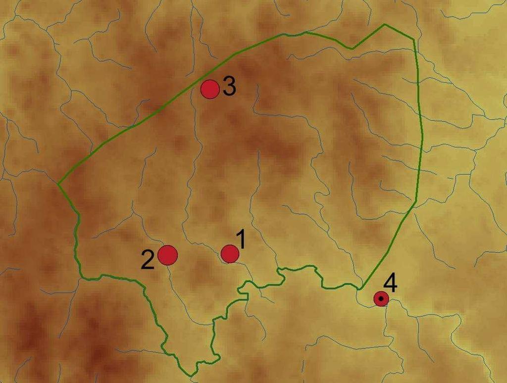 1. Wiskidna (Vyskytná nad Jihlavou), 2. Jesena (Ježená), 3. Genikow (Větrný Jeníkov). 4. poloha kostela sv. Jana Křtitele v Jihlavě. Zeleně vyznačeny hranice lesa Borek.