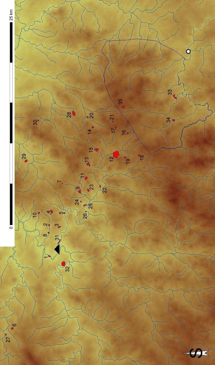 Lokality zmíněné v listině Honoria III. k roku 1226 (červené polygony). Černou linií vyznačena hranice majetku Borek. Černý trojúhelník klášter v Želivu, bílý bod poloha kostela sv.