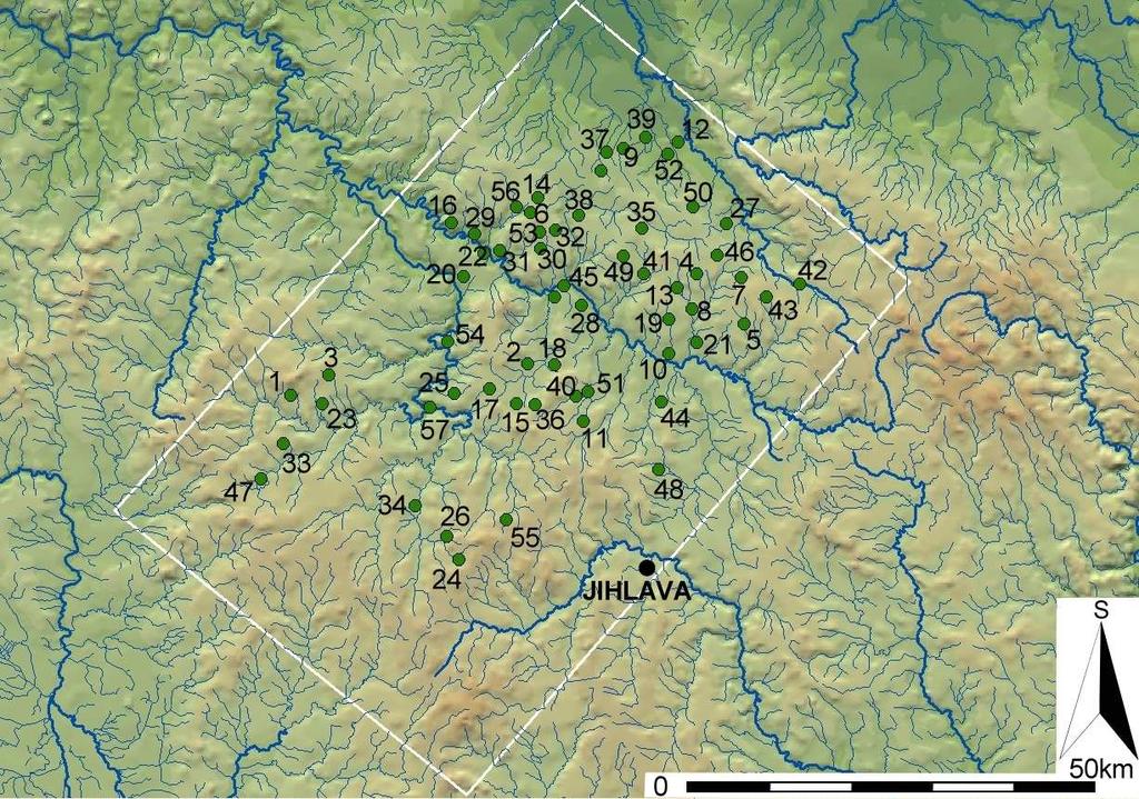 Neolit a eneolit. 1. Bratřice, 2. Budíkov, 3. Buřenice, 4. Čachotín, 5. Česká Bělá, 6. Číhošť, 7. Dobkov, 8. Dolní Krupá, 9. Golčův Jeníkov, 10. Havlíčkův Brod, 11. Herálec, 12. Heřmanice, 13.