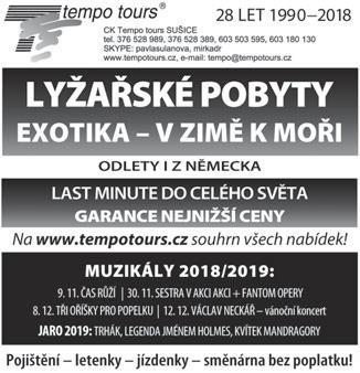 strana 10 Inzerce Sušické noviny 18/2018 19. íjna 2018 Hledáme pracovníka na úklid sněhu v Srní Chodníky, cesta, parkoviště v uzavřeném areálu 22 bytů. Nabízíme 200 Kč za hodinu práce.