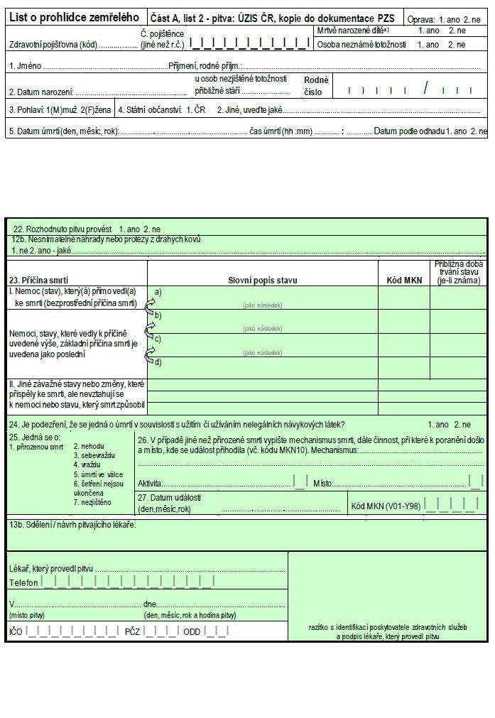 List o prohlídce zemřelého: část A, list 2 pitva: určeno pro ÚZIS, kopie pro PZS Tato část je vyplňována pouze v případě vyžádání a provedení pitvy a je uvedena na samostatném listu.