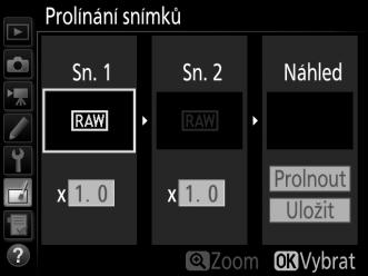 + 1 Vyberte položku Prolínání snímků. V menu retušování vyberte položku Prolínání snímků a stiskněte tlačítko 2.