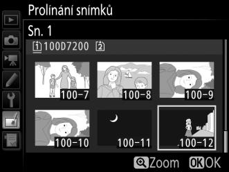 2 Vyberte první snímek. Pomocí multifunkčního voliče vyberte první snímek určený k prolnutí. Chcete-li zobrazit vybraný snímek na celé obrazovce, stiskněte a podržte tlačítko X (T).