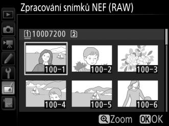 Vyberte položku Zpracování snímků NEF (RAW) v menu retušování a stiskněte tlačítko 2 pro zobrazení dialogu pro výběr snímků, který obsahuje pouze snímky