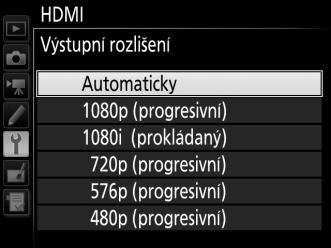 Volitelné možnosti HDMI Položka HDMI v menu nastavení (0 110) určuje výstupní rozlišení a další pokročilé možnosti HDMI, a lze ji použít rovněž k povolení dálkového ovládání fotoaparátu ze zařízení s